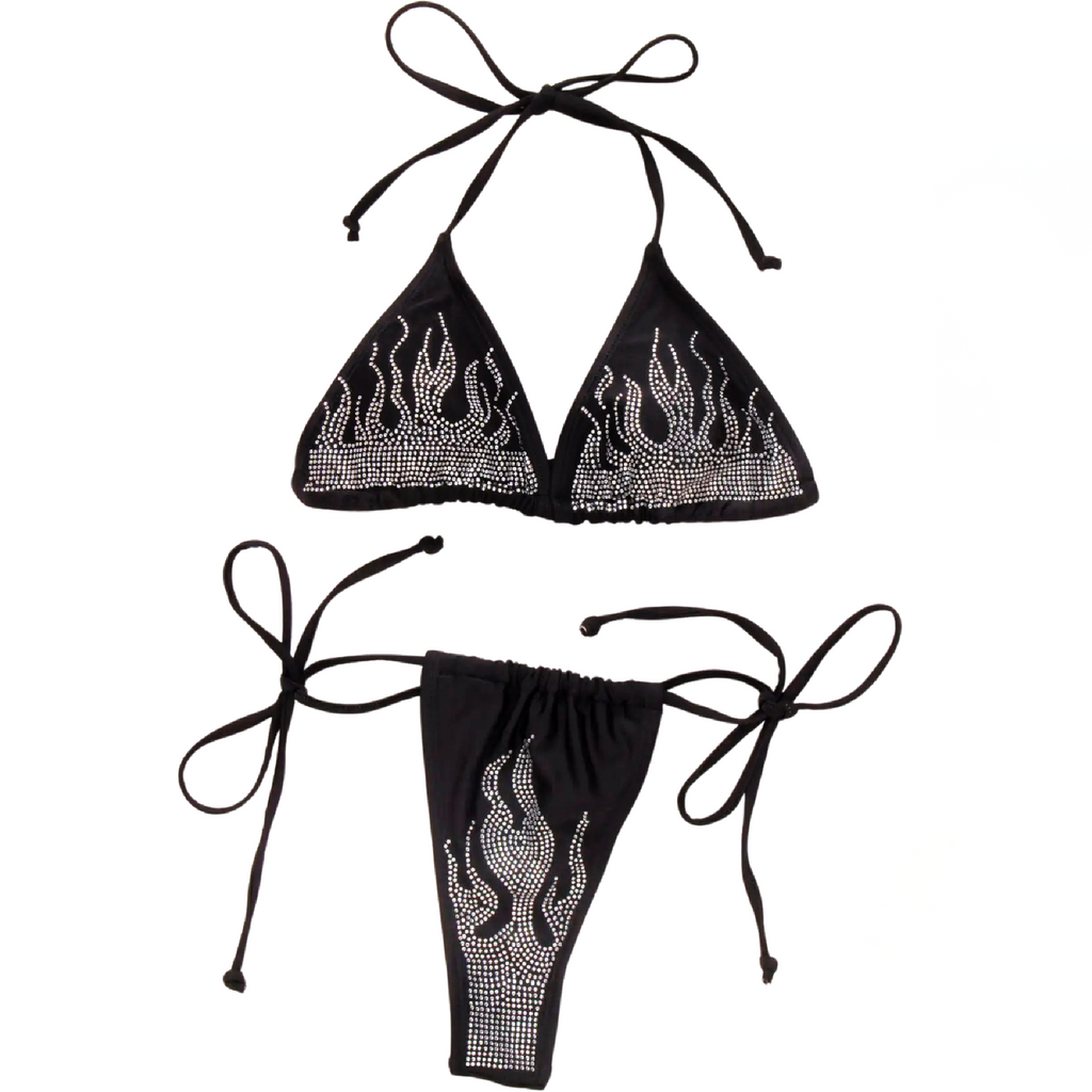 Black Flame Rhinestone Bikini Set